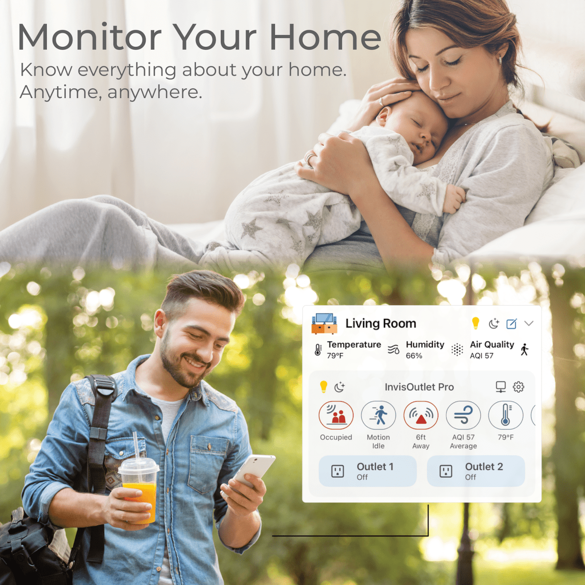 An infographic displaying InvisOutlet's ability to monitor home while away from home.